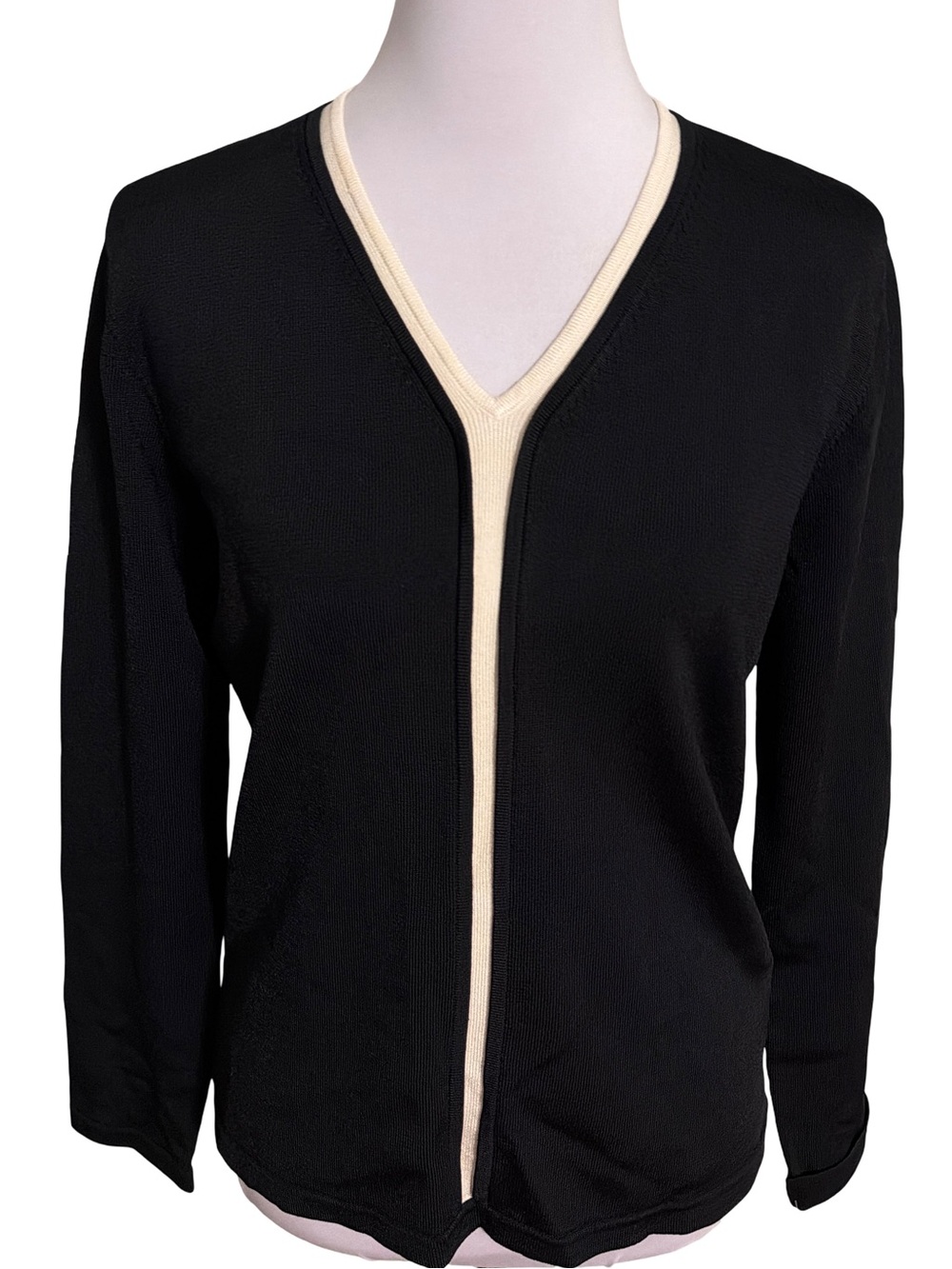 Anne Klein Black Cardigan V-Neck Cream Trim